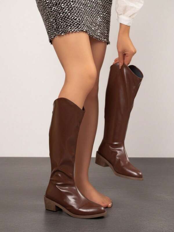V-Cut Inner Zipper Low Heel Knee-High Boots, Plus Size Women's All-Season Western Style Riding Boots