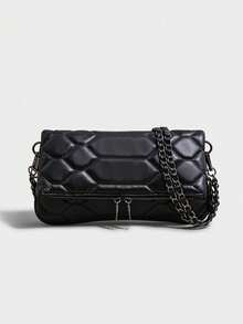 Bolso de hombro de piel sintética con solapa multicapa y cadena, almacenamiento compartimentado con bolsillos de doble cremallera, casual y versátil, adecuado para el desplazamiento diario y las compras - Negro - Ver 6
