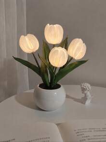 USB Operated Tulip Flower Potted Night Light, Cute Simulation Floral Desk Lamp, Warm White Ambient Lighting For Desktop Bedroom Decor Birthday Gift For Women Girls - Warm White - View 11