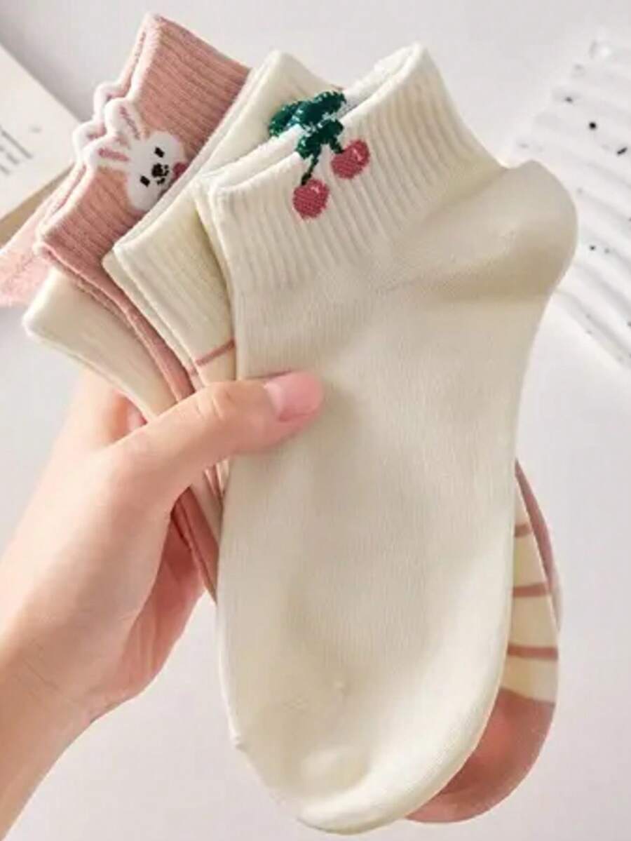 1/5雙女款透氣短襪,可愛櫻桃與兔子圖案低筒短襪,舒適休閒日常街頭穿搭襪 - 彩色 - 查看 1