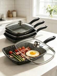 24CM Non-Stick Square Frying Pan Set, Granite Coated Skillet With Glass Lid, Multipurpose Cooking Pan,Non Stick Cooking Pan,Cookware Set,Suitable For Induction & Gas Hob, Kitchen Cookware For Steak, Pancakes & Daily Cooking - View 2