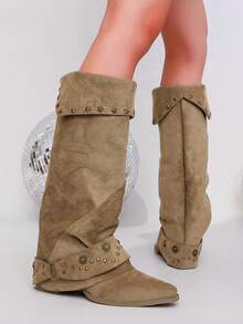 Western Style Star Rivet Folded Cuff High Top Boots Women Vintage Streetwear Slimming Pointed Toe Tall Boots - Khaki - View 5