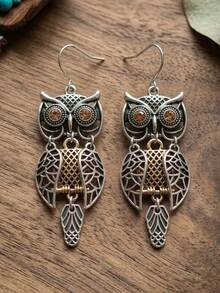 1 Pair Dual-Tone Vintage Hollow Owl Dangle Earrings, Decorated With Antique Silver & Gold Hollow Wings Pendant, Paired With Champagne Crystal Eyes, Suitable For Witchy Bohemian Style Jewelry, Perfect As Gifts For Women During Halloween, Thanksgiving, Christmas - Antique Silver - View 1