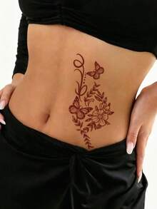 1 Sheet Burgundy Fine Line Curved Vine Butterfly Floral Side Waist Vertical Temporary Tattoo Sticker, Waterproof Long-Lasting Bloom Fake Tattoo, Body Art Decal For Hip Calf Rib Side Upper Arm - Red - View 2