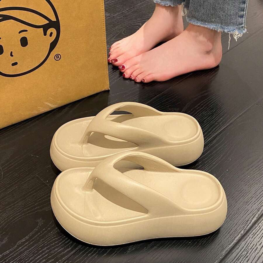 女款純色厚底夾腳拖鞋,增高度假風夏季卡其色沙灘戶外拖鞋 - 卡其色 - 查看 1