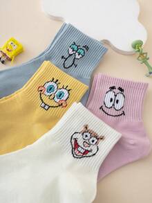 SpongeBob SquarePants 4雙 SquarePants 系列眼睛表情圖案可愛趣味女款中筒襪，情侶款 - 彩色 - 查看 4