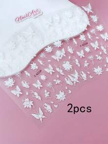 2 Peças Adesivos de Unhas com Relevo 5D, Unhas, Decoração DIY, com Lírios, Borboletas Rosas, Borboletas Brancas, Flores de Lótus e Padrões de Borboletas Coloridas, Adequado para Criar Arte de Unhas Estilo Floresta de Primavera e Verão e Estilo Francês Delicado - Multicolorido - Visão 10