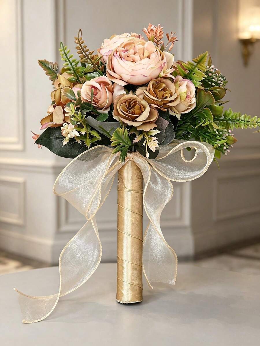 1件新娘伴娘婚禮手捧花,婚禮配件,牡丹玫瑰人造花,奢華浪漫婚禮手持宴會婚禮裝飾禮品花 - 彩色 - 查看 1