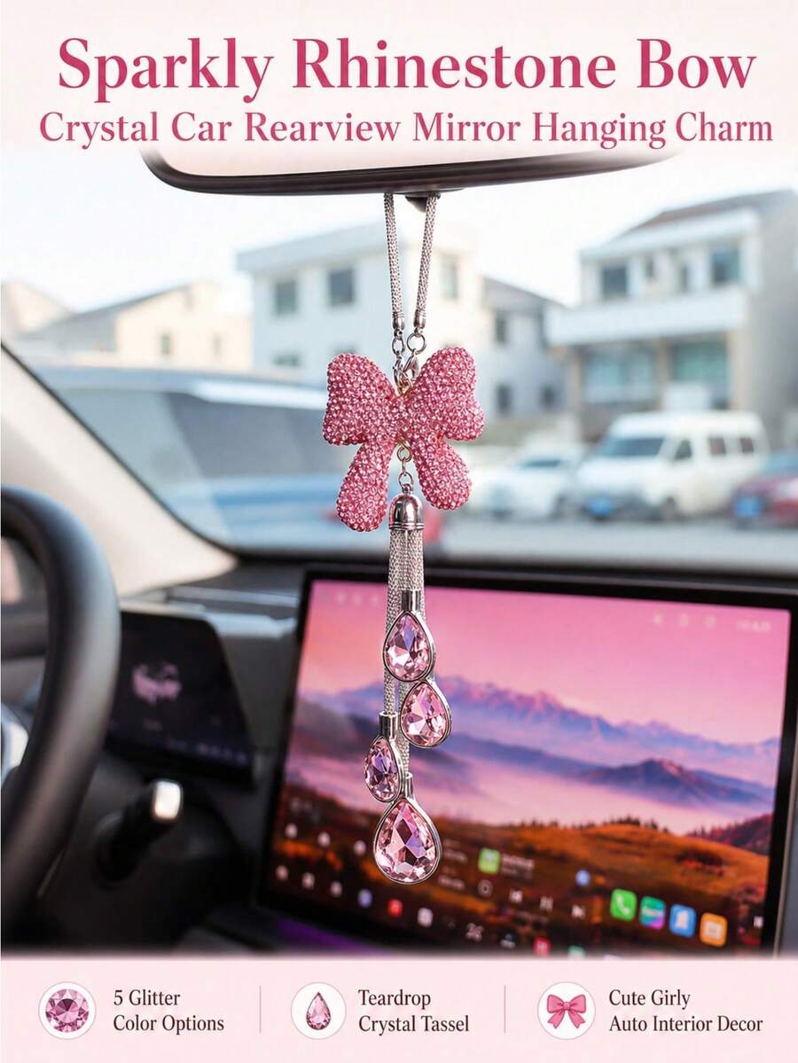 Ornamenti da auto di lusso con fiocco di strass, decorazione per specchietto retrovisore con nappe di cristallo a goccia d'acqua, ciondolo decorativo accattivante per interni auto da ragazza - A - Visualizzare 1