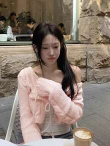 Korean Style Ins Elegant Gentle Short Cable Knit Cardigan With Tie - Pink - View 5