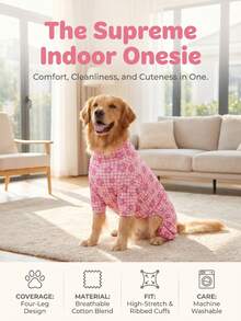 1PC Dog Shedding Hair Control Pajamas - Warm High Stretch Full Coverage Pet Rompers, Anti Licking & Bug Protective Jumpsuit For Small Medium Large Dogs, All Over Printing Dog Clothes - Cute Pink With White Gingham And Flower Pattern - Multicolor - View 2