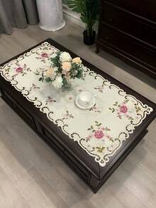 1pc Handmade Floral Embroidered Hollow-Out Tablecloth, American Style Polyester Square Embroidered Handmade Hollow-Out Dust-Proof Tablecloth, Suitable For Dining Table, Coffee Table, Tea Table For Daily And Holiday Party Decoration - Hot Pink - View 7