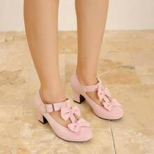 Women's Bow T - Strap Mary Jane Pumps, 2.56 Inch Block Heel, Double Bows, Buckle Closure - 10 + Pink Suede - View 4
