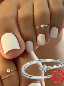 1pc S925 Sterling Silver Minimalist Personalized Rhinestone Open Toe Ring, Korean Ins Style Elegant Design, Fashionable Unique Minimalist Elegant Small Exquisite Adjustable Stackable Versatile Toe Ring, Suitable For Women's Daily, Party, Casual, Vacation Wear - Diamond - View 1