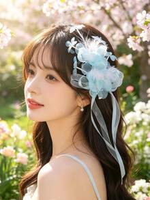 1件新娘絲綢雪紡髮飾，附仙女風緞帶，婚禮季盤髮髮夾裝飾 - 9847藍色 - 查看 6