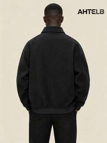 AHTELB Men's Spring/Autumn Minimalist Japanese Style Jacket, Solid Color Corduroy Collar Workwear Coat, Loose Casual Fashion Street Sports Style - Black - View 2
