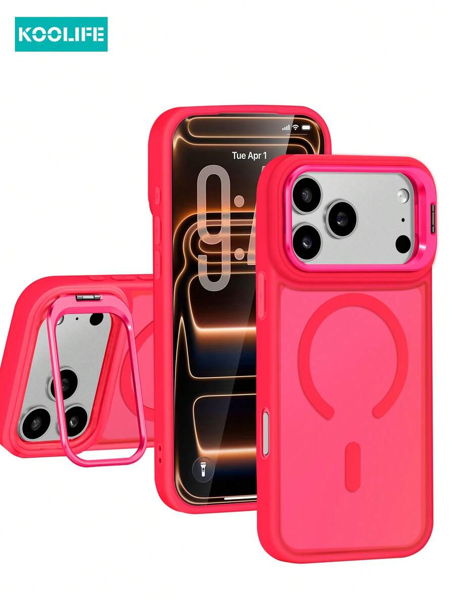 Koolife 1件裝玫瑰紅 3合1 磁吸金屬框鏡頭保護/支架手機殼,相容 iPhone 18 Pro/18 Pro Max/17 Pro Max/17/17 Pro/17 Air/16 Pro Max/16 Pro/16/16e/15 Pro Max/15 Pro/15/14 Pro Max/14 Pro/14/13 Pro Max/13 Pro/13/12 Pro Max/12 Pro/12/11 Pro Max/11,壓克力防摔硬殼背蓋,防震耐刮,適合生日、週年、派對送給年輕女孩的春季禮物 - 玫紅色 - 查看 1
