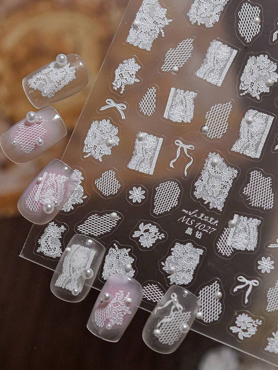 1件精緻5D 3D美甲貼紙,熱門DIY美甲貼紙,蕾絲與蝴蝶結裝飾 - 白色 - 查看 1