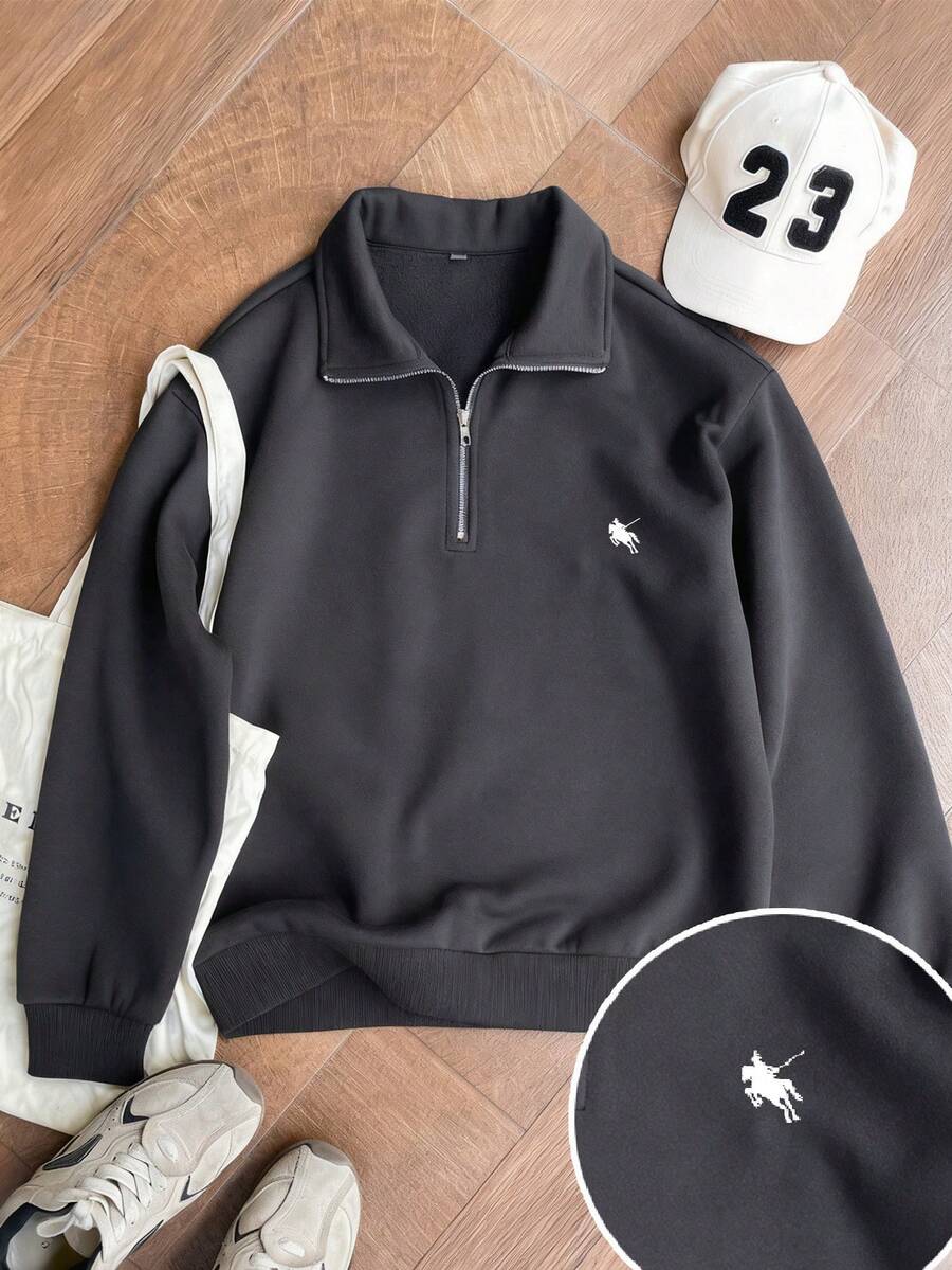 Women's Autumn/Winter New All-Match American Style Horse Logo Print Casual Half-Turtleneck Zipper Sweatshirt, Fashionable And Versatile - Dark Grey - View 1