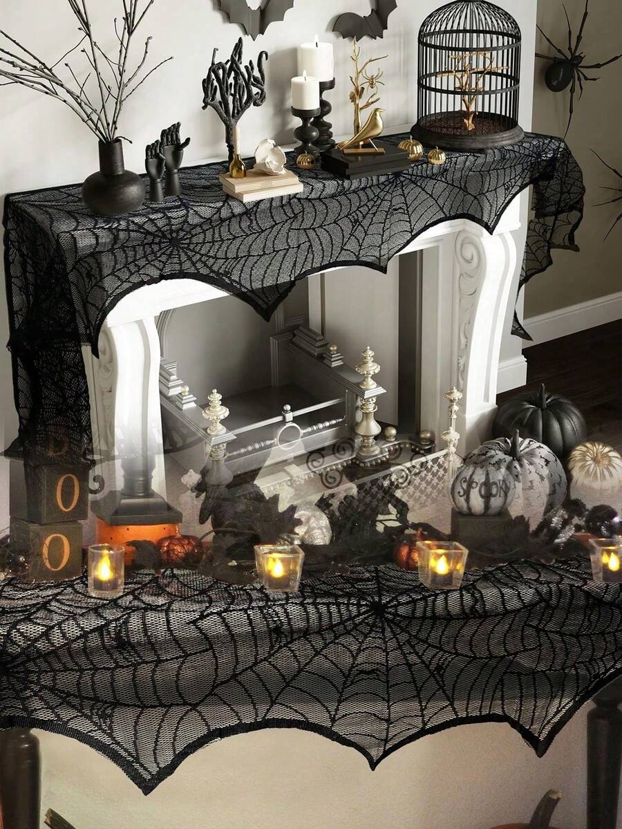 1pc Halloween Black Lace Spider Web Fireplace Shawl Scarf Set, Halloween Shawl Scarf, Black Lace Spider Web Design, Holiday Party Decoration, Prop To Create Halloween Party Atmosphere, Halloween Decoration, Indoor And Outdoor Decor, Used For Fireplace Decoration. Halloween Decoration, Indoor Fireplace Scarf, Suitable For Halloween Decoration, Holiday Party Supplies And Decor. - Multicolor - View 1