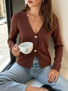 Versatile Women's Brown Knit Cardigan, Regular Length, Long Sleeve V-Neck, Casual Style - Brown - View 1