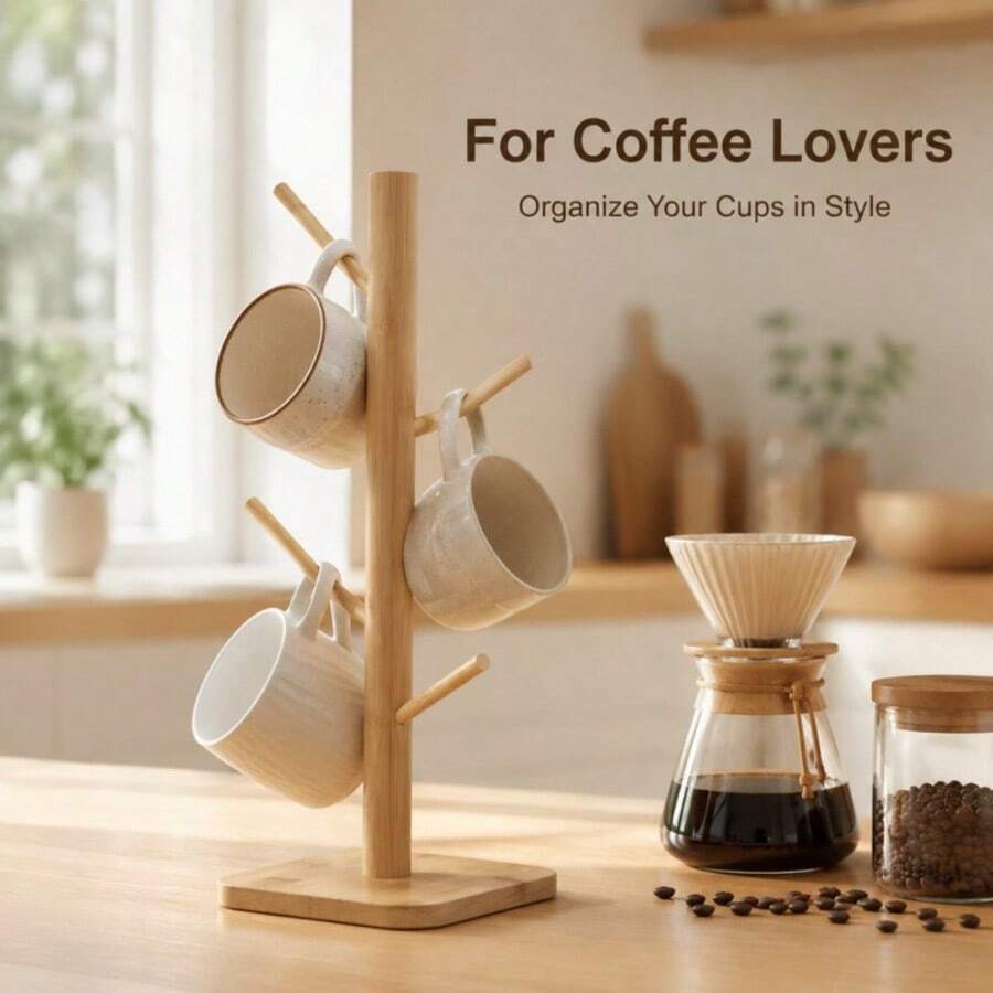 Bamboo Tree-Shaped Mug Holder With 6 Hooks, Countertop Cup Rack, Kitchen Storage Organizer - View 1