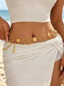 1pc Minimalist Gold Metal Hollow Flower Disc Linked Chain Waist Belt, Fashionable Sexy Geometric Hollow Body Chain, Suitable As Holiday Gift For Any Occasion - Gold - View 5