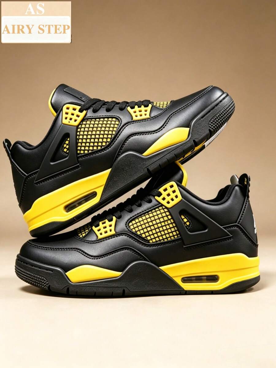 Black Yellow Stain-Resistant Breathable Unisex Athletic Casual Shoes In Extended Sizes, Suitable For Daily Wear, Shopping Trips, Gatherings & All Occasions, Perfect As Independence Day Or Birthday Gifts - 黑色 - 查看 1