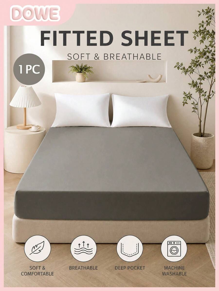 1pc Solid Color 25cm Deep Pocket Fitted Sheet, Soft Breathable Mattress Protector, Suitable For All Bed Sizes, Dorm Home Bedding Decor - Light Grey - View 1
