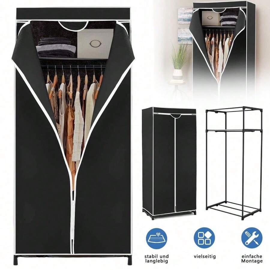 Stoffkleiderschrank mit Reißverschluss, stabiler Metallrahmen Kleiderschrank für Schlafzimmer, Wohnzimmer, Ankleidezimmer & Keller, faltbarer Garderobenschrank mit Aufbewahrungsfächern, einfach zu montieren - A - Übersicht 1