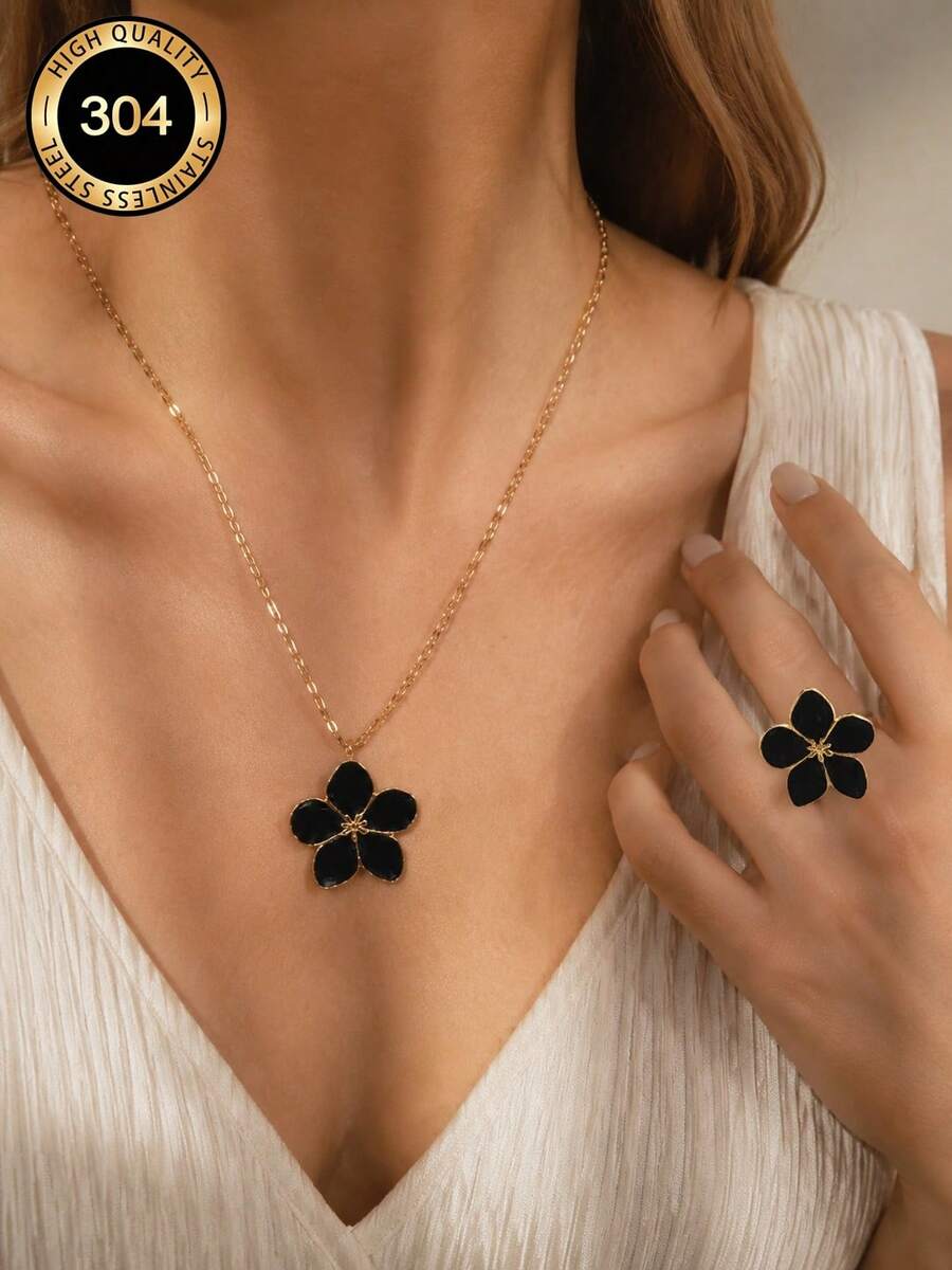 VceTd 1 Set Cute Plumeria Design Stainless Steel Women's Jewelry Set Suitable For Women's Daily Wear Or Vacation Wear Or Holiday Gift - Yellow Gold - View 1