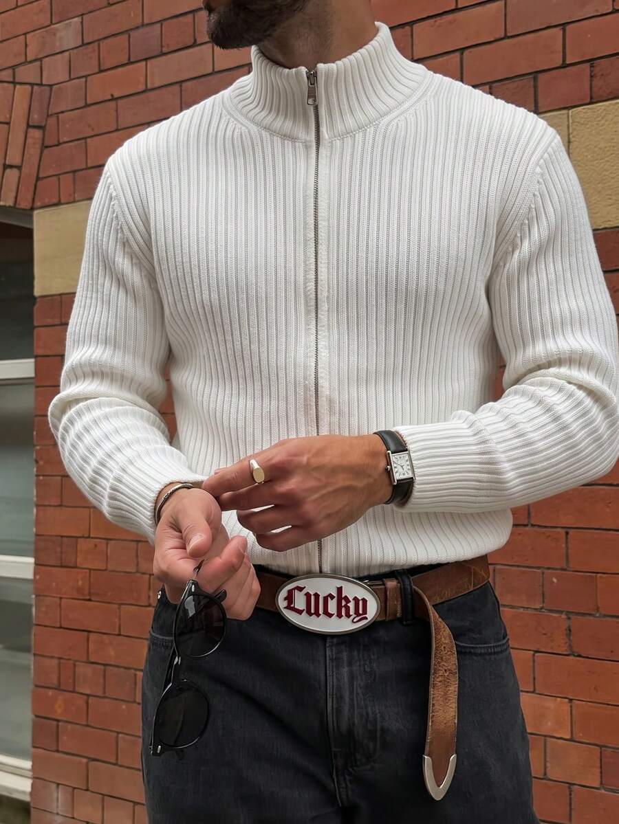 New Autumn/Winter Men's Casual Slim Fit Minimalist Stylish Mandarin Collar Ribbed Zip-Up Long Sleeve Sweater Jacket, Neutral White Collared Knit Cardigan Top - 白色 - 查看 1