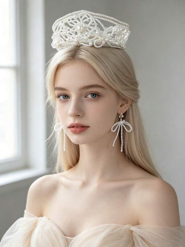 Elegant Palace Hollow Pearl Crown & Earrings, Luxury Bohemian Castle Bridal Veil Wedding Accessories, Bridal Headpiece