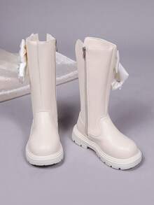 1 Pair Girls' Satin Bow Rhinestone High-Top Boots, PU Side Zipper, Cream White, All-Season, Thick Sole Long Boots - Beige - View 6