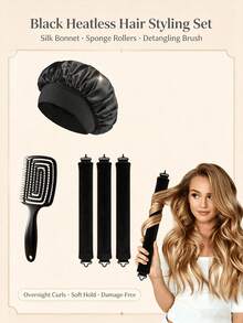 5/1pc Set Black And Pink 2-Color Optional Heatless Curling Set, Satin Sleep Cap, Soft Sponge Heatless Curling Rod And Vent Exfoliating Brush Kit, Women's Overnight Damage-Free Wavy Styling Tool, Gentle Soft Grip Slouchy Curling Device For Medium To Long Hair, DIY Salon Home Hair Styling Accessory Gift Set - Multicolor - View 4