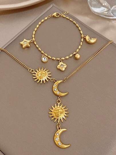 Set/1Pc Delicate Sun & Moon Zirconia Multi Charm Stainless Steel Necklace Bracelet Jewelry Set,For Women,Party,Daily,Birthday/Halloween/Christmas Gifts