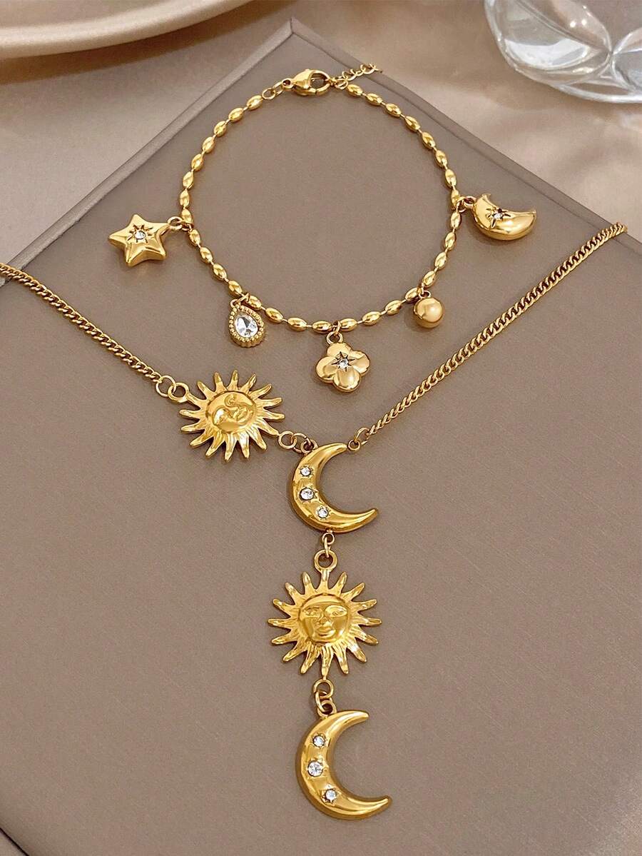 Set/1Pc Delicate Sun & Moon Zirconia Multi Charm Stainless Steel Necklace Bracelet Jewelry Set,For Women,Party,Daily,Birthday/Halloween/Christmas Gifts - Multicolor - View 1