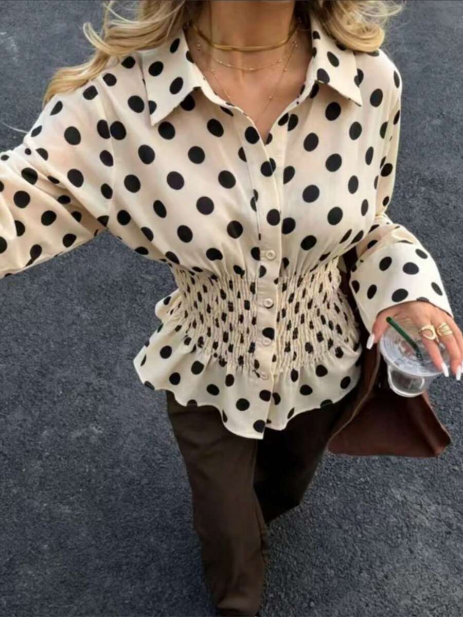 Elegant Women's Long Sleeve Polka Dot Blouse, Shirt Collar & Drop Shoulder Design, Ruched Waist, Perfect For Autumn - Apricot - View 1
