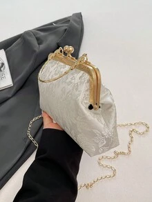 Dedoo 女款晚宴手拿包，柔軟弧形框架包，東方優雅手提包，適合婚禮、茶會、新娘場合（隨機花紋） - 銀色 - 查看 5