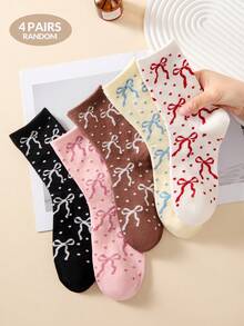 4 pares de calcetines cómodos y casuales de media pantorrilla para mujer con lazo lindo y lunares, suaves y transpirables, aptos para la escuela, uso diario, color aleatorio, adecuados para primavera, verano, otoño e invierno, todas las estaciones - Multicolor - Ver 8