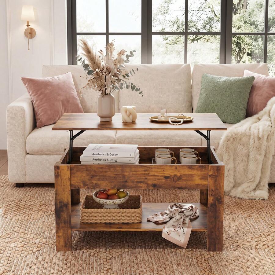 39 Inch Lift Top Coffee Table With Hidden Storage Compartment & Open Shelf, Rustic Wood Coffee Table With Storage For Living Room, Apartment & Home Office - Rustic Brown - View 1