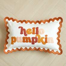 LCUHPCL 1pc Halloween Thanksgiving Ruffle Edge Letter 3D Plush Towel Hello Pumpkin Embroidered Pillowcase, Suitable For Bedroom, Living Room, Sofa, Daily Use, Party And Various Occasions - White - View 5
