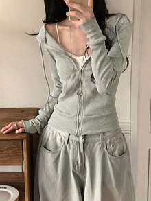 YCYC 小眾修身百搭休閒拉鍊連帽運動短版夾克外套 女款 - 灰色 - 查看 4