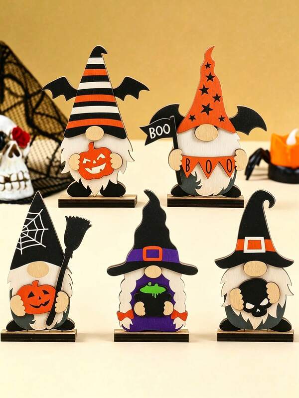 5pcs/1pc Halloween Wooden Decor, Halloween Desktop Centerpiece Gnome Figurine, Suitable For Home Indoor Holiday Party Decoration, Halloween Decoration