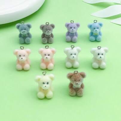 2/10pcs Flocked Resin Teddy Bear Charms 3D Cute Bear Pendants With Metal Loops For DIY Bracelet Necklace Keychain Jewelry‑Making Supplies