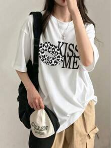 Women's Round Neck Short Sleeve T-Shirt, Summer New Leopard Print Lips & Letter Graphic, Fashion Casual Versatile Loose Top White - White - View 7