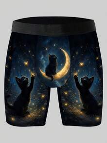 Men's Novelty Shorts, Forest-Style Moonlit Night Little Black Cat Printed Underwear, Knitted Fabric, Sporty Casual Men's Long Boxer Briefs - Multicolor - View 1