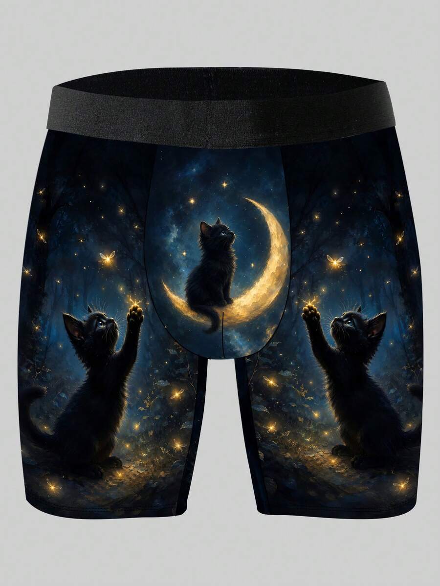 Men's Novelty Shorts, Forest-Style Moonlit Night Little Black Cat Printed Underwear, Knitted Fabric, Sporty Casual Men's Long Boxer Briefs - Multicolor - View 1