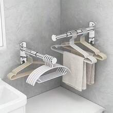 Multi-Purpose Wall-Mounted Storage Rack With Hooks, Extra Large Storage Space. Telescopic Rod Fits Various Spaces, Keeps Hangers Organized And Easy To Access, Perfect For Space Clearing - View 1