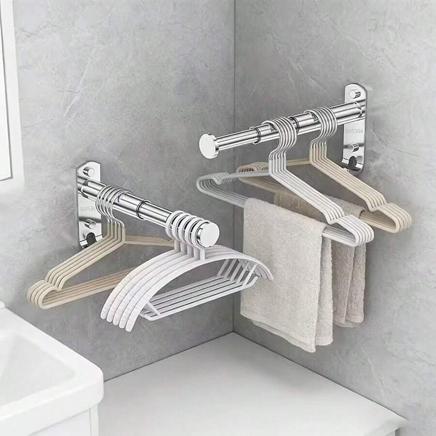 Multi-Purpose Wall-Mounted Storage Rack With Hooks, Extra Large Storage Space. Telescopic Rod Fits Various Spaces, Keeps Hangers Organized And Easy To Access, Perfect For Space Clearing - View 1